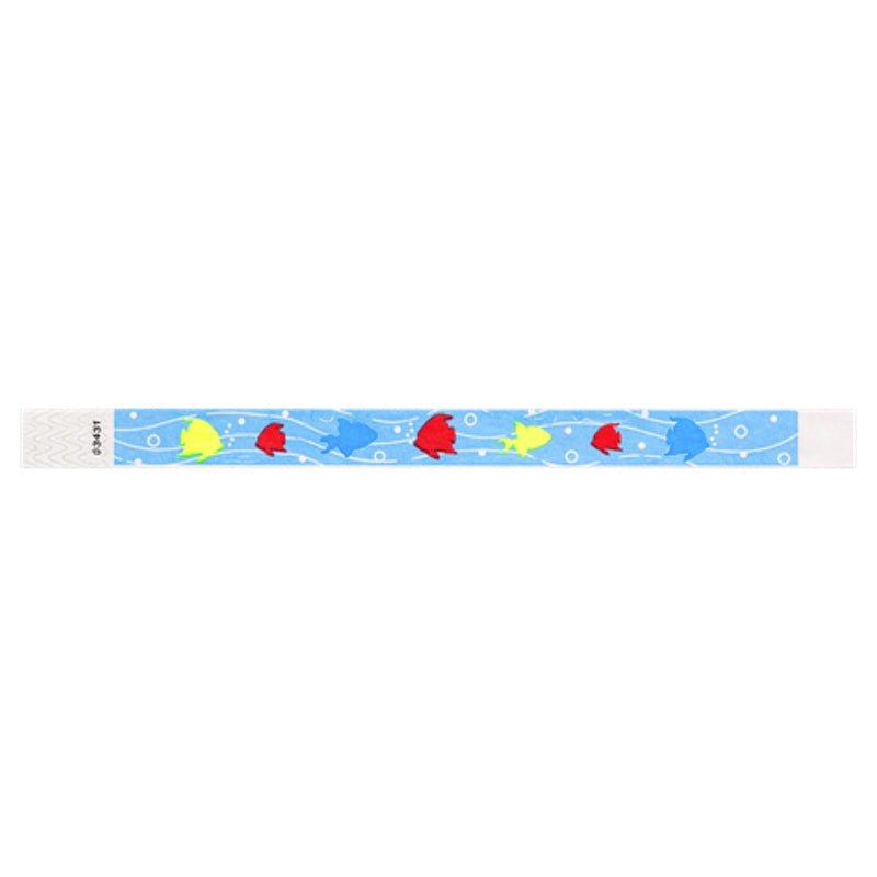 sky blue tyvek wristband with neon blue, neon red and neon yellow fish - round version shown