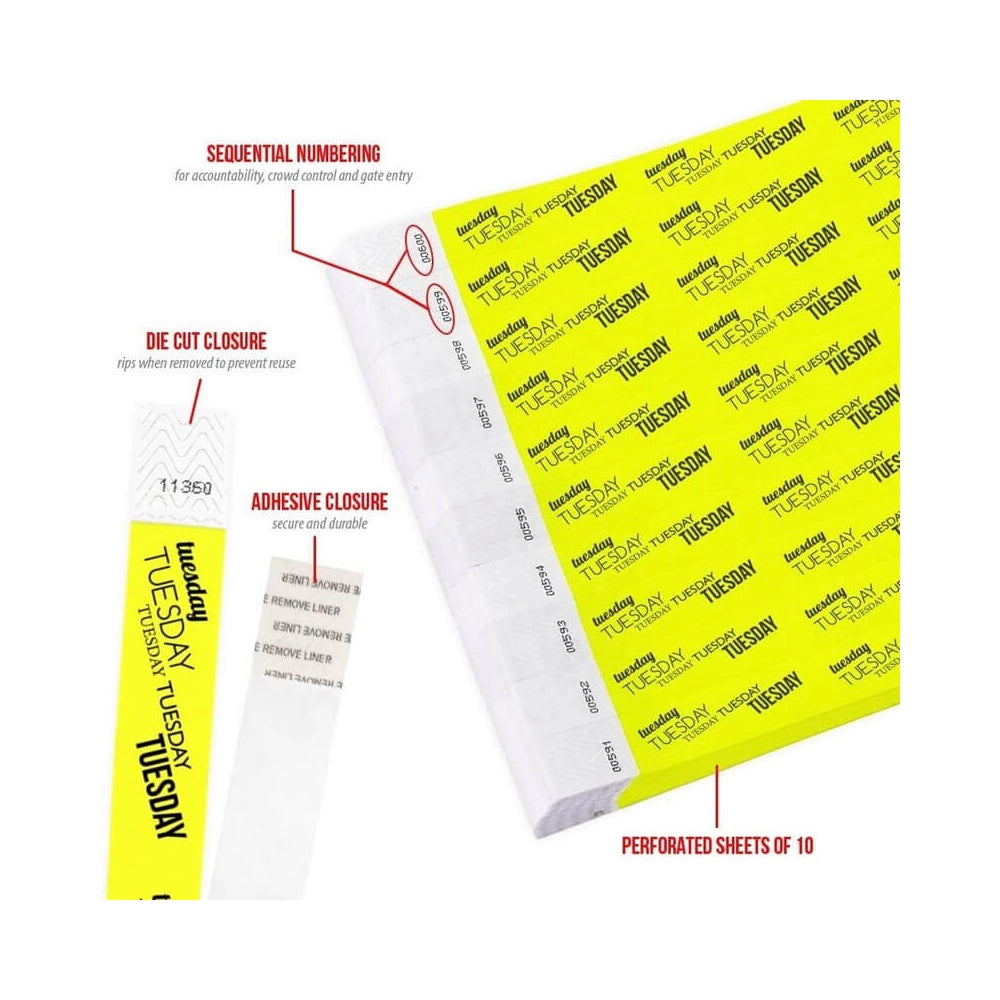 Product packaging with die cut closure, sequential numbering, durable adhesive closure, and perforated sheets of 10; shown in a neon yellow tyvek wristband with black tuesday text repeated