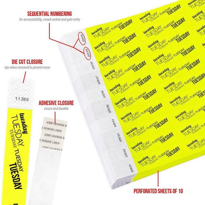 Product packaging with die cut closure, sequential numbering, durable adhesive closure, and perforated sheets of 10; shown in a neon yellow tyvek wristband with black tuesday text repeated