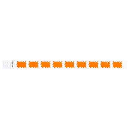 White tyvek wristband with neon orange starburst pattern - flat version shown
