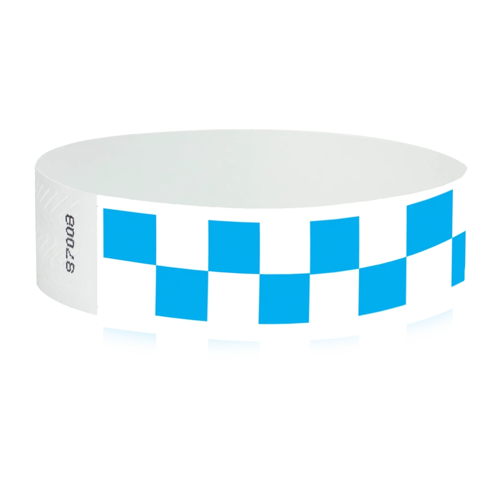 White tyvek wristband with neon blue checkerboard pattern - round version shown