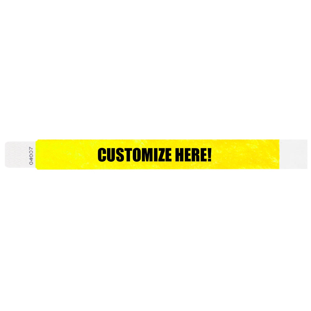 Tyvek 1" qwik fit wristband in neon yellow with black text "CUSTOMIZE HERE!" - shown in flat 