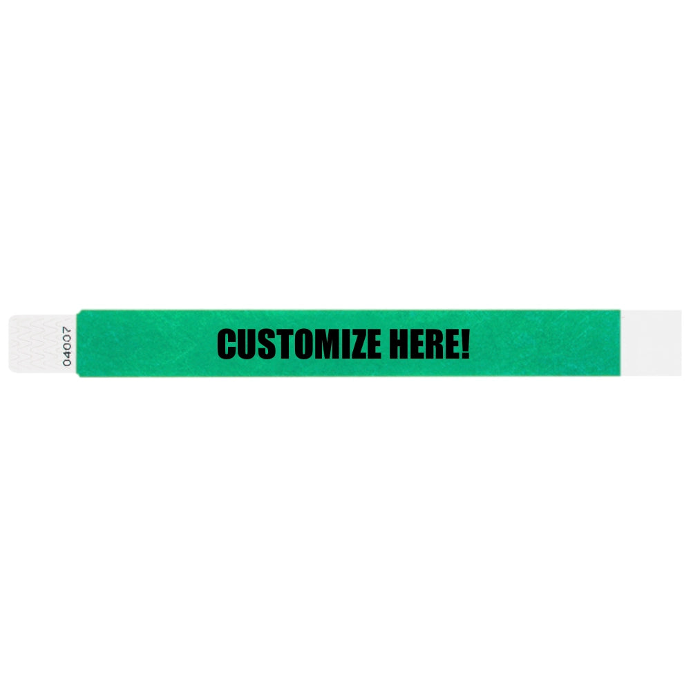 Tyvek 1" qwik fit wristband in pantonegreen with black text "CUSTOMIZE HERE!" - shown in flat 
