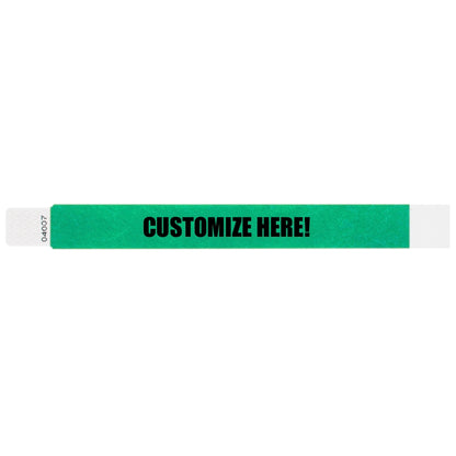 Tyvek 1" qwik fit wristband in pantonegreen with black text "CUSTOMIZE HERE!" - shown in flat 