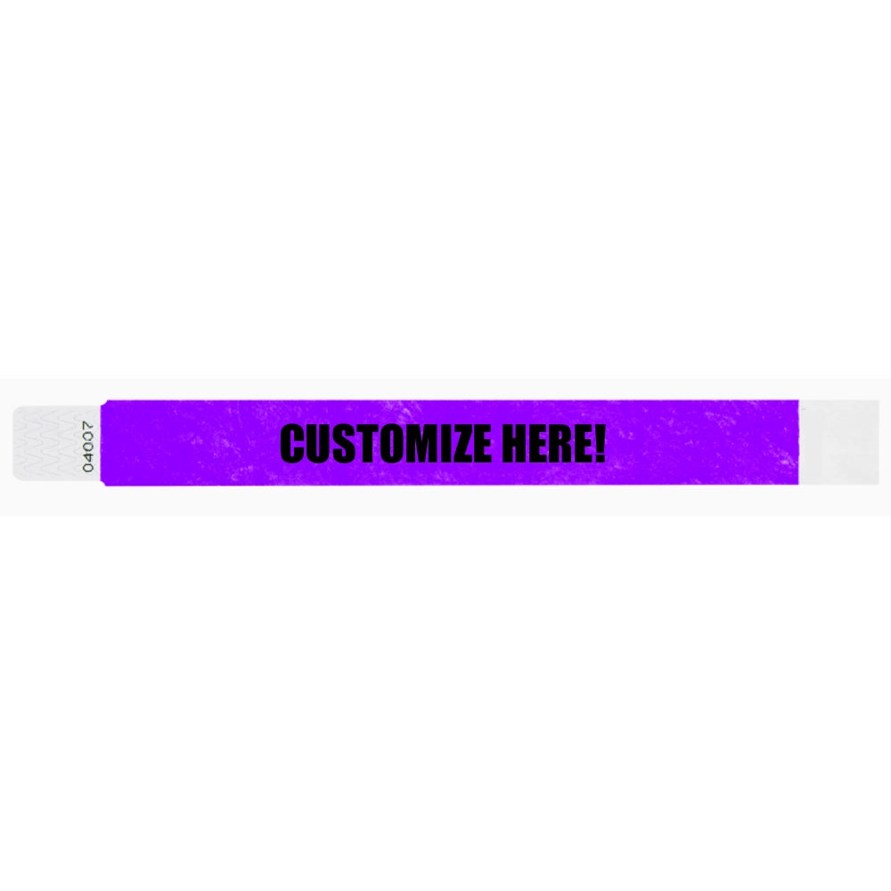 Tyvek 1" qwik fit wristband in purple with black text "CUSTOMIZE HERE!" - shown in flat 
