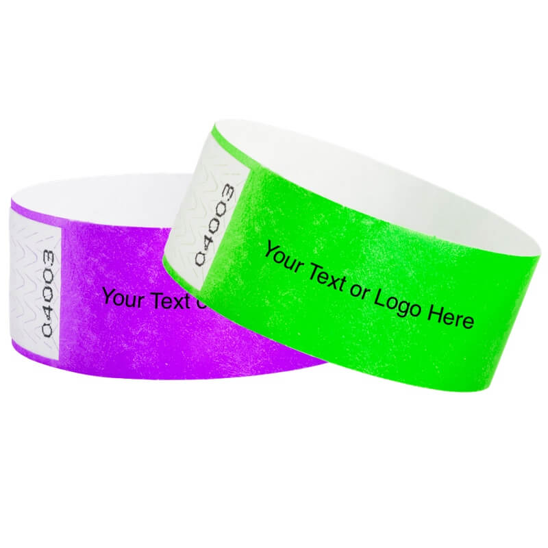 Tyvek 1" Qwik Fit Wristbands - shown in neon green and pantone purple with a placeholder to shown a spot to customize your wristband