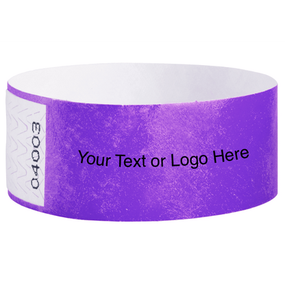 Tyvek 1" Qwik Fit Wristbands - shown in purple with a placeholder to shown a spot to customize your wristband