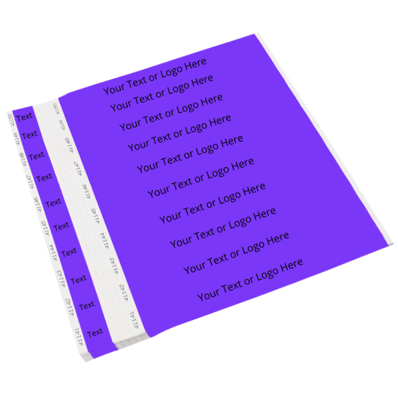 Showing sheets of tyvek 1" detachable stub wristbands in purple