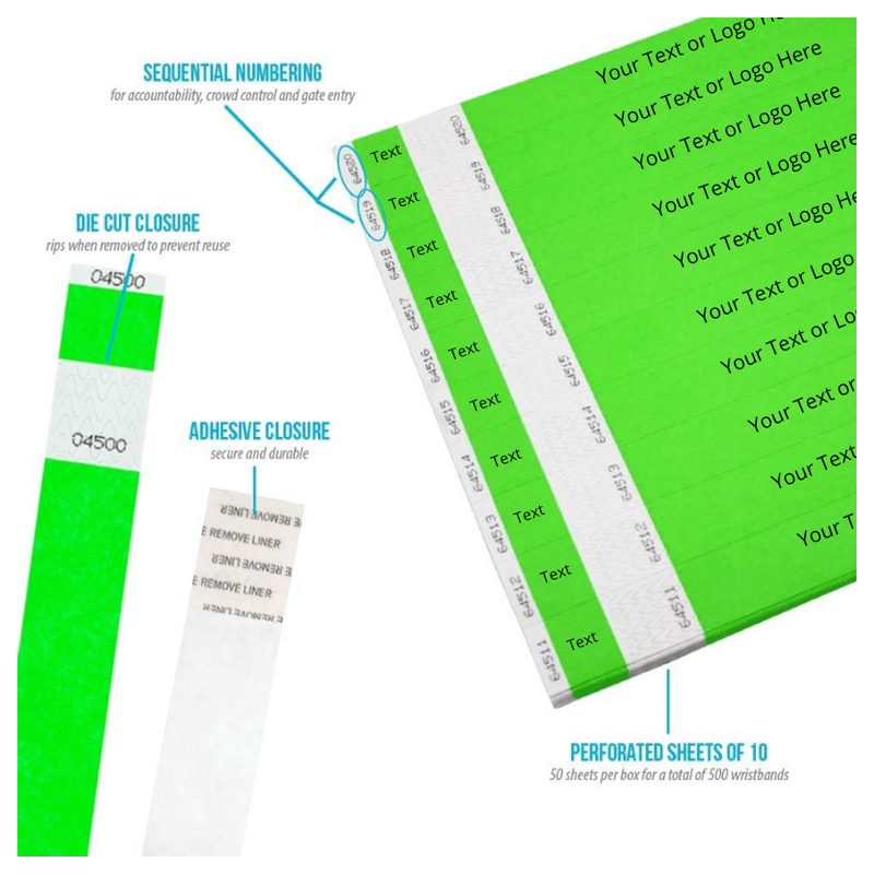 product detail page showing die cut adhesive closure, detachable stub and sequential numbers in neon green