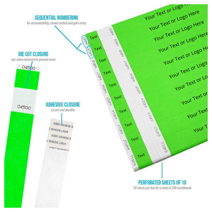 product detail page showing die cut adhesive closure, detachable stub and sequential numbers in neon green