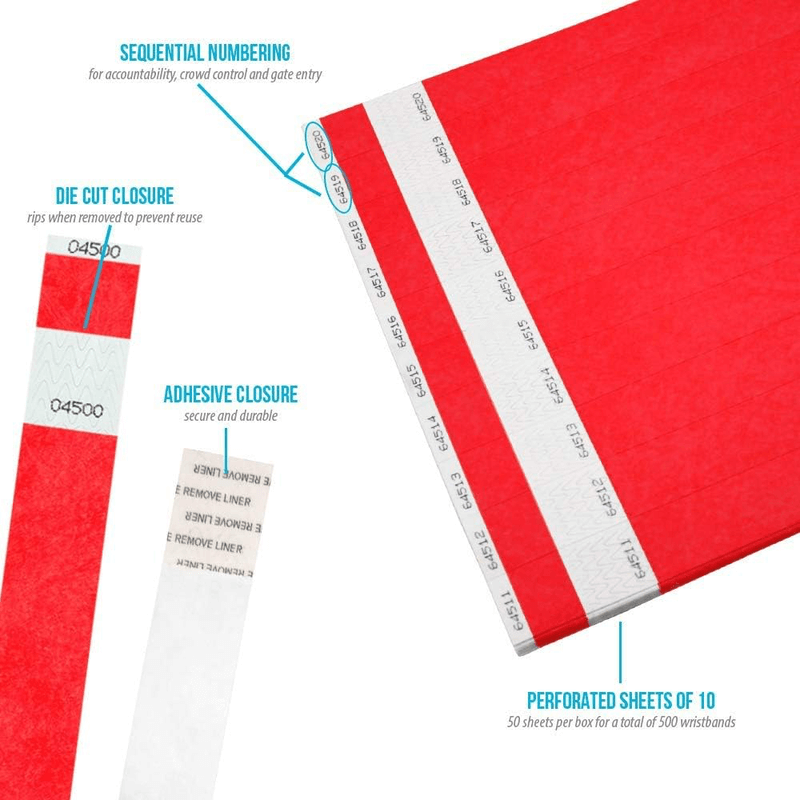 tyvek 1" detachable stub wristbands information sheet showing diecut adhesive closure, stub and sequential numbers in neon red