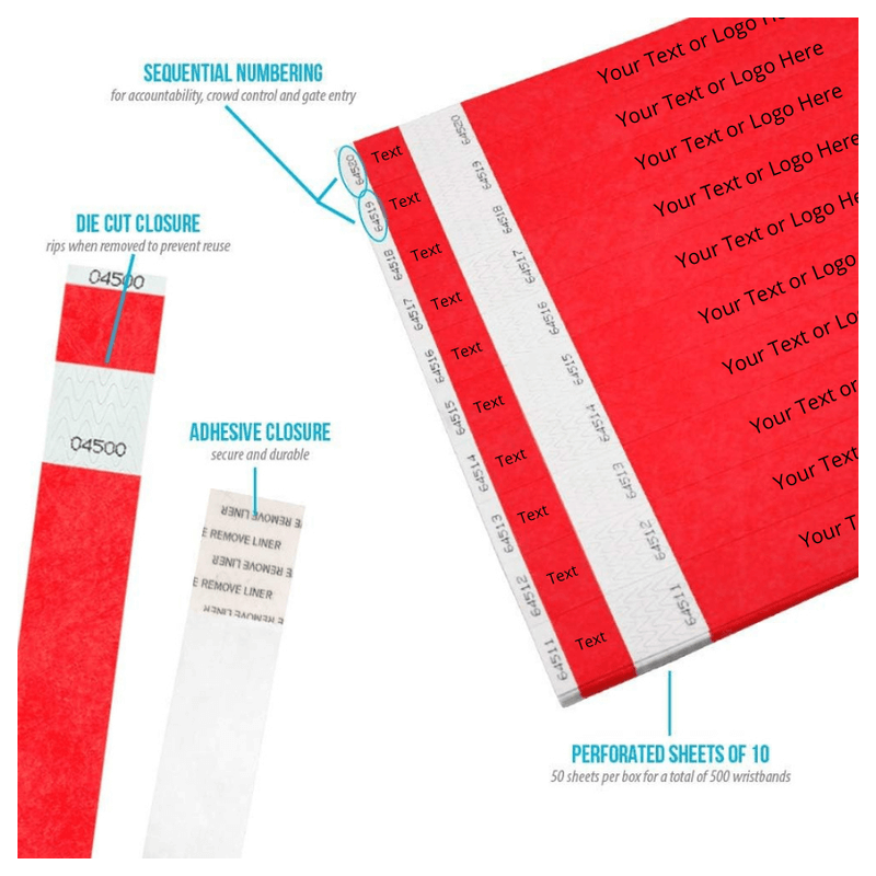 product detail page showing die cut adhesive closure, detachable stub and sequential numbers in neon red