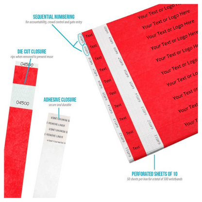product detail page showing die cut adhesive closure, detachable stub and sequential numbers in neon red