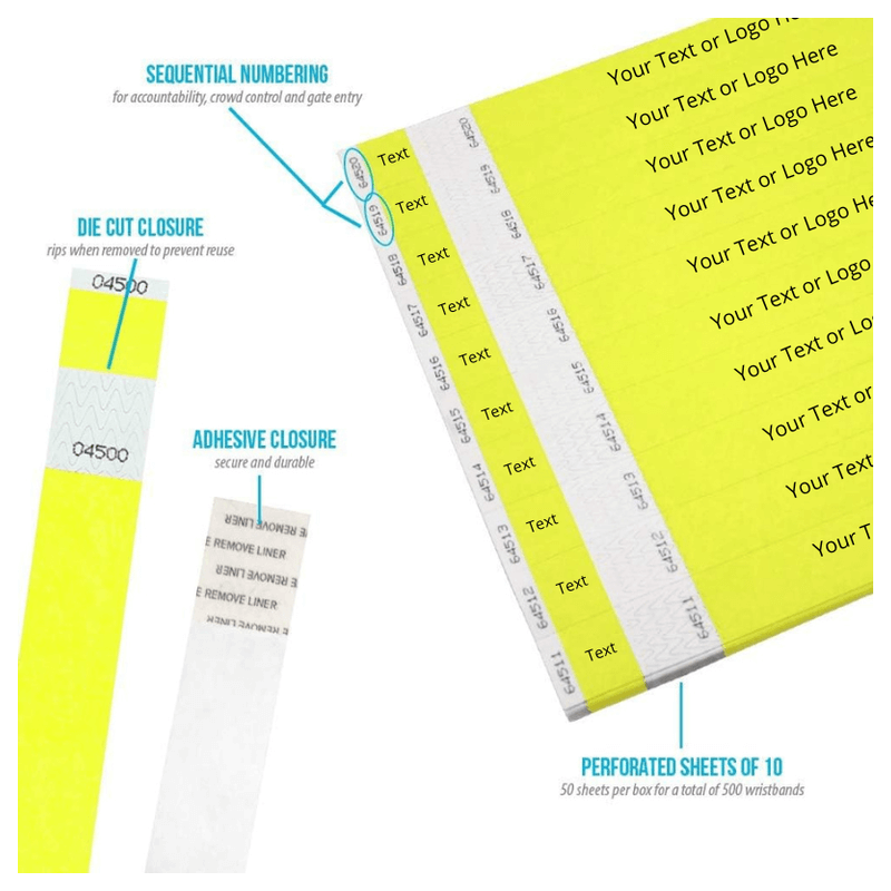 product detail page showing die cut adhesive closure, detachable stub and sequential numbers in neon yellow