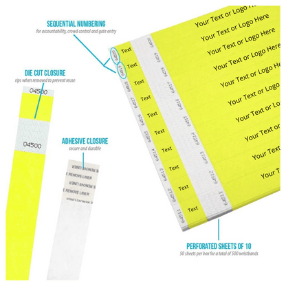 product detail page showing die cut adhesive closure, detachable stub and sequential numbers in neon yellow
