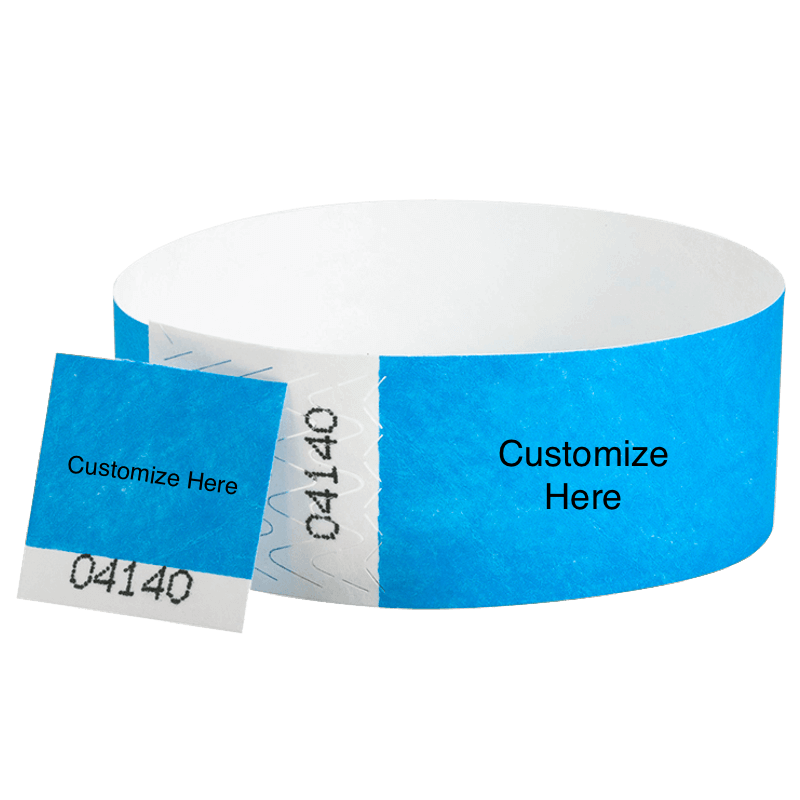 tyvek 1" detachable stub wristband with a placeholder to customize shown in neon blue