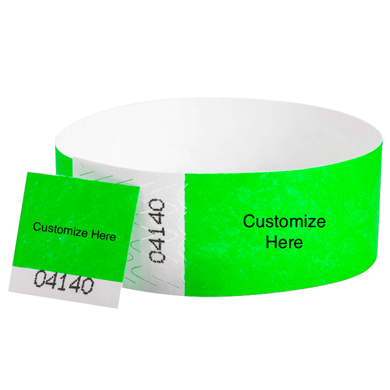 tyvek 1" detachable stub wristband with a placeholder to customize shown in neon green