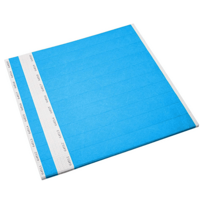 tyvek 1" detachable stub wristbands shown in neon blue sheets
