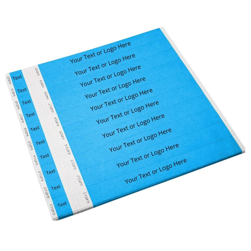 Showing sheets of tyvek 1" detachable stub wristbands in neon blue