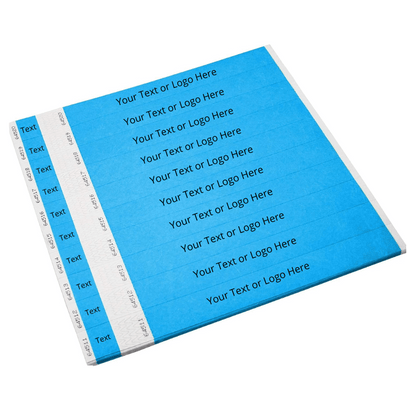 Showing sheets of tyvek 1" detachable stub wristbands in neon blue
