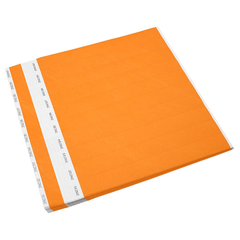 tyvek 1" detachable stub wristbands shown in neon orange sheets 