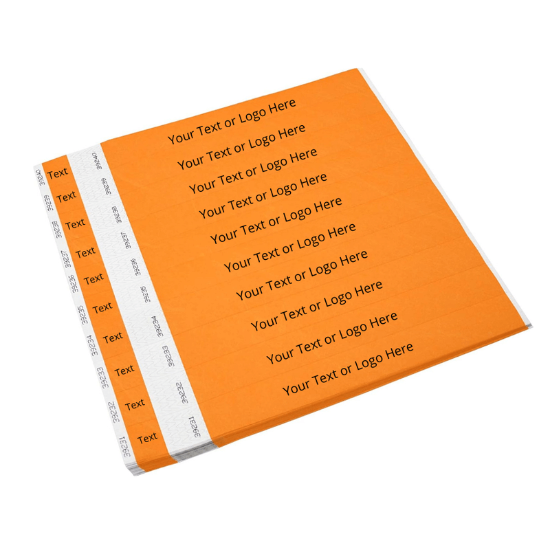 Showing sheets of tyvek 1" detachable stub wristbands in neon orange