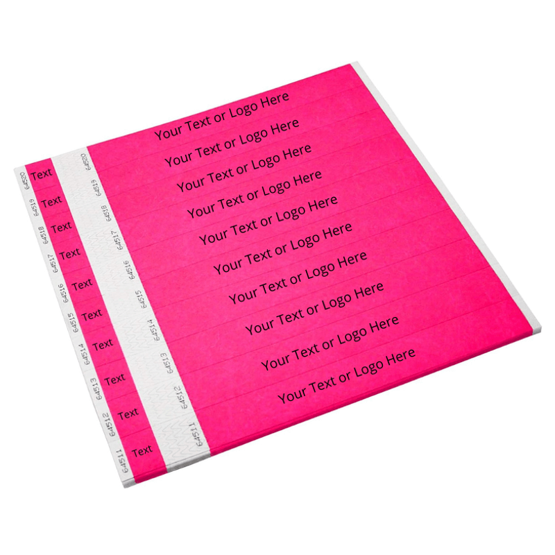Showing sheets of tyvek 1" detachable stub wristbands in neon pink