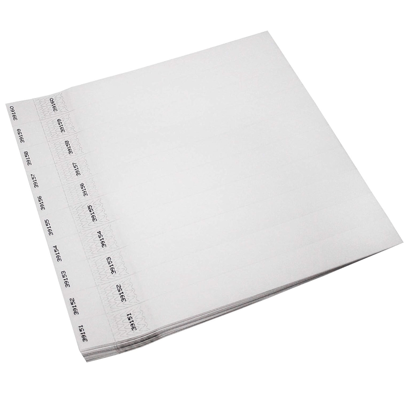 tyvek 1" detachable stub wristbands shown in white sheets