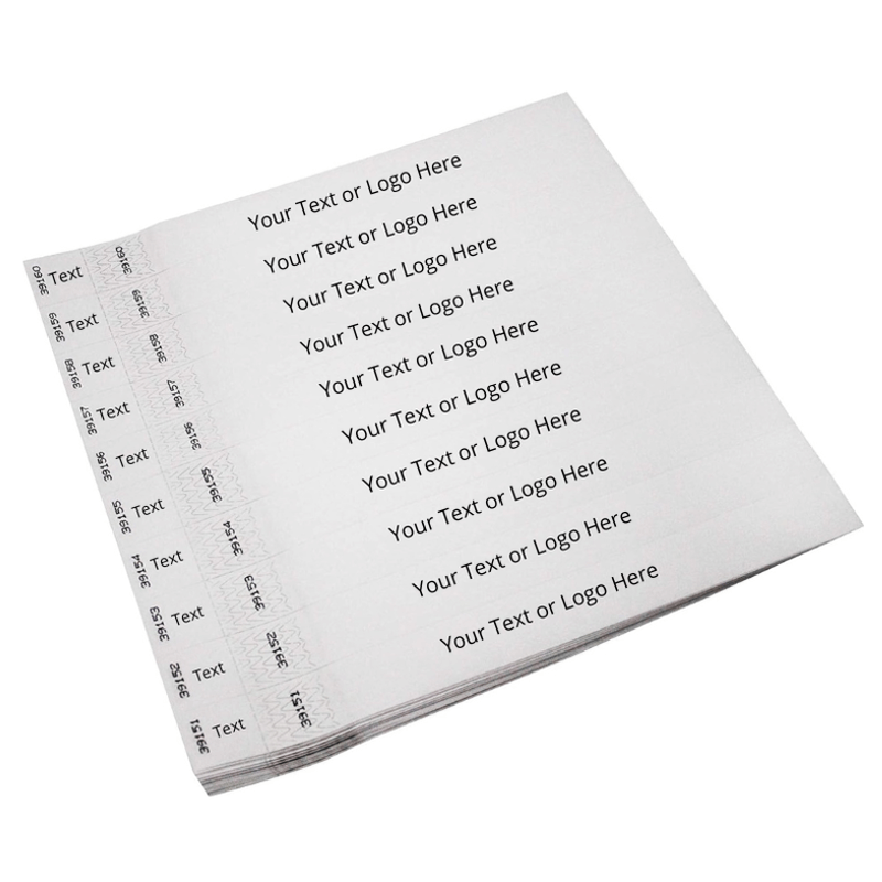 Showing sheets of tyvek 1" detachable stub wristbands in white