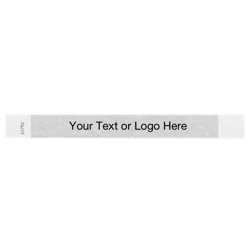 silver tyvek 1" solid wristband with a placeholder to customize with your text or logo