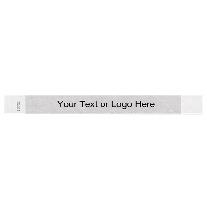 silver tyvek 1" solid wristband with a placeholder to customize with your text or logo
