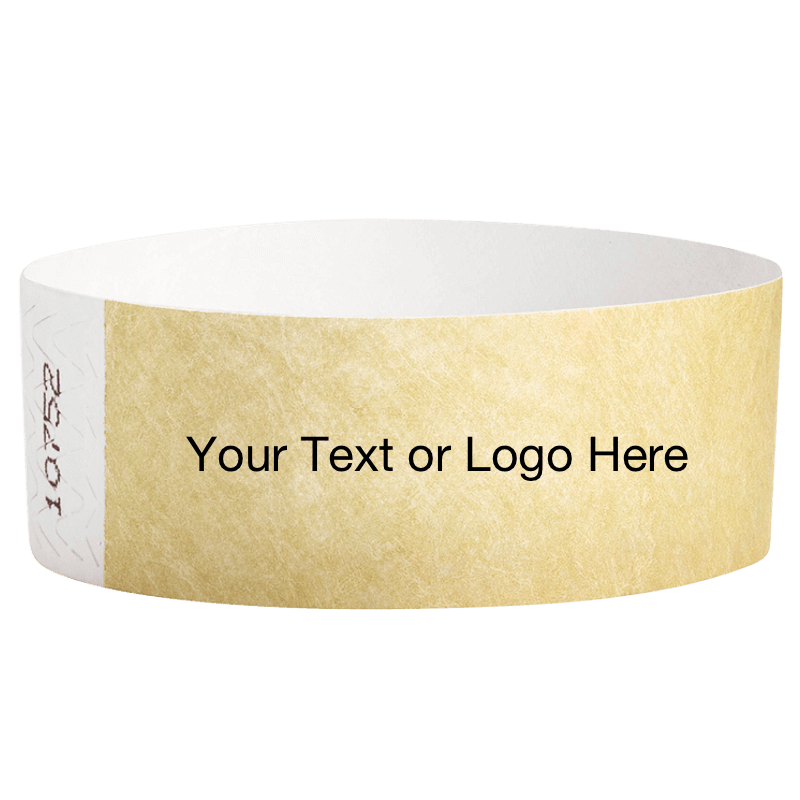 gold tyvek 1" solid wristband with a placeholder to customize with your text or logo