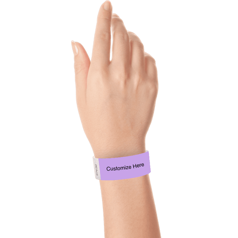 hand wearing a berry tyvek 1" solid wristband with a placeholder to customize with your text or logo