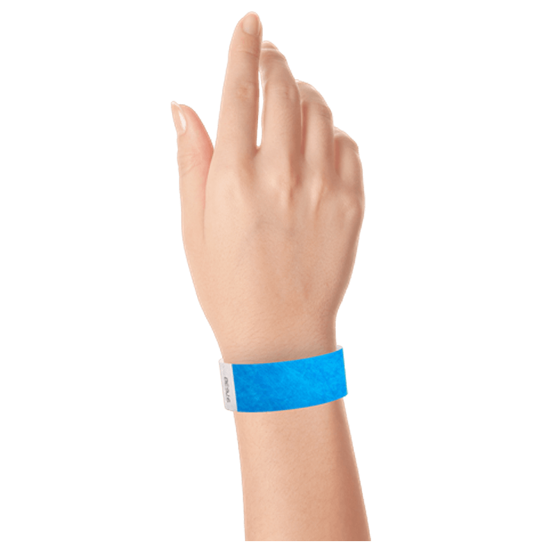 neon blue tyvek 1" solid wristband on hand
