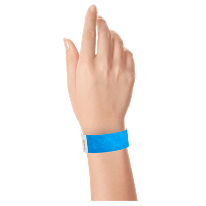 neon blue tyvek 1" solid wristband on hand