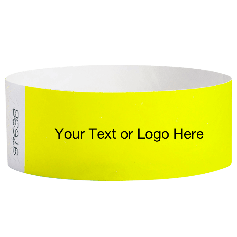 neon yellow tyvek 1" solid wristband with a placeholder to customize with your text or logo
