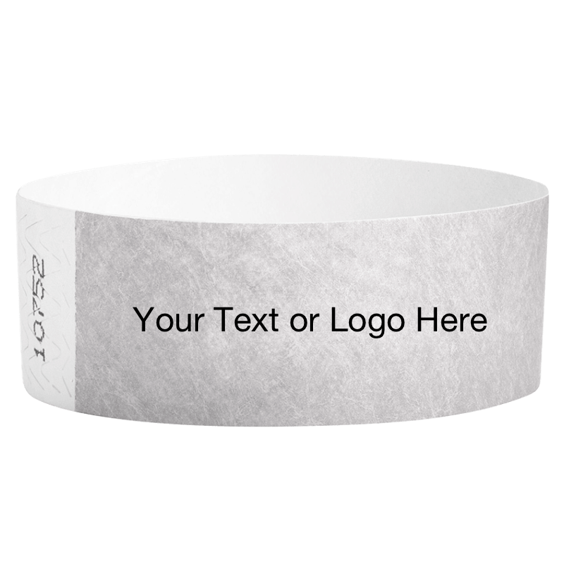 silver tyvek 1" solid wristband with a placeholder to customize with your text or logo