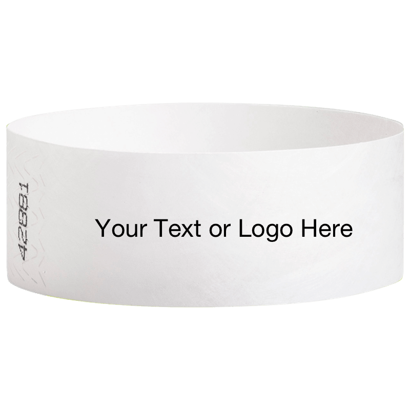 white tyvek 1" solid wristband with a placeholder to customize with your text or logo