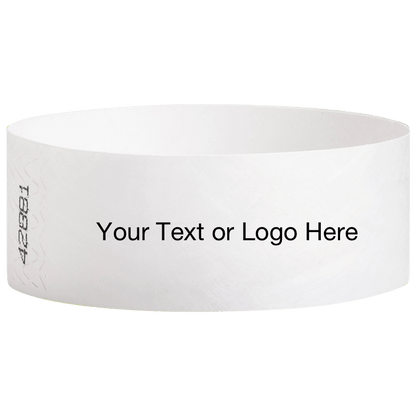 white tyvek 1" solid wristband with a placeholder to customize with your text or logo