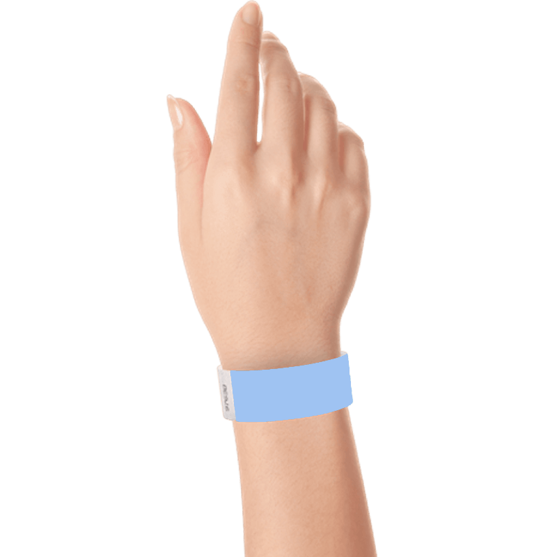 sky blue tyvek 1" solid wristband on hand 