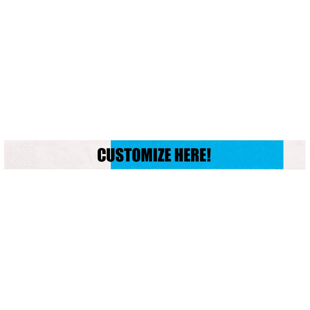 Tyvek 1" half flood wristband 1" in neon blue with black text "CUSTOMIZE HERE!" - shown in flat 