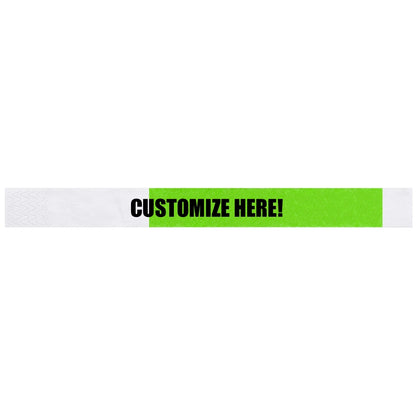 Tyvek 1" half flood wristband 1" in neon green with black text "CUSTOMIZE HERE!" - shown in flat 