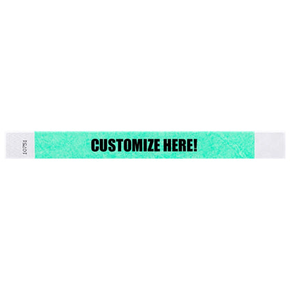 Tyvek 1" wristband in solid aqua with black text "CUSTOMIZE HERE!" - shown in flat 