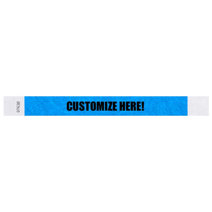 Tyvek 1" wristband in solid neon blue with black text "CUSTOMIZE HERE!" - shown in flat 