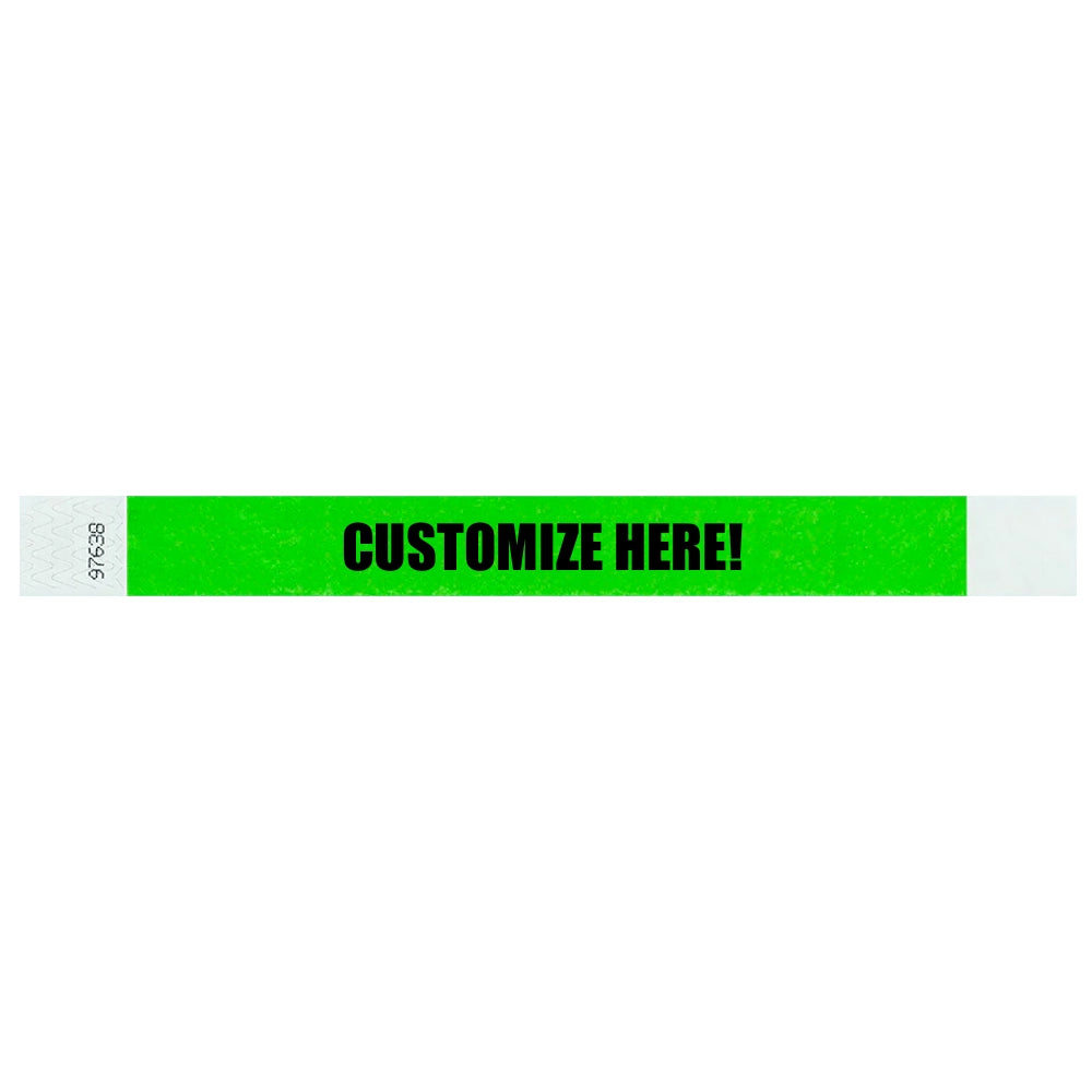 Tyvek 1" wristband in solid neon green with black text "CUSTOMIZE HERE!" - shown in flat 