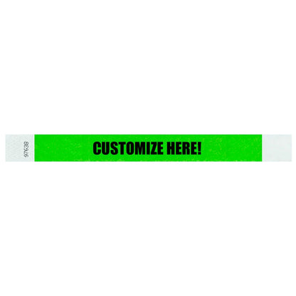 Tyvek 1" wristband in solid neon green with black text "CUSTOMIZE HERE!" - shown in flat 