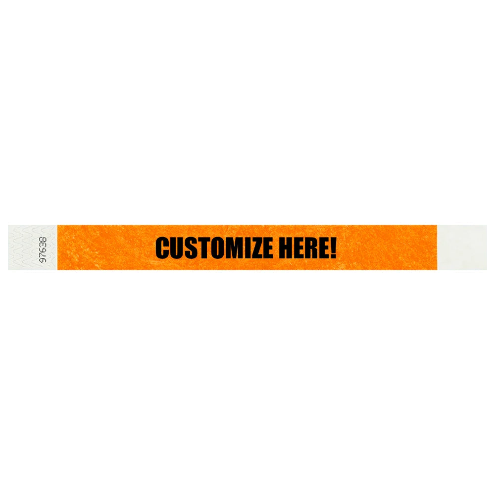 Tyvek 1" wristband in solid neon orange with black text "CUSTOMIZE HERE!" - shown in flat 