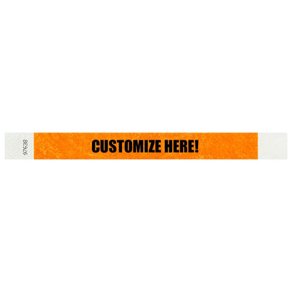 Tyvek 1" wristband in solid neon orange with black text "CUSTOMIZE HERE!" - shown in flat 