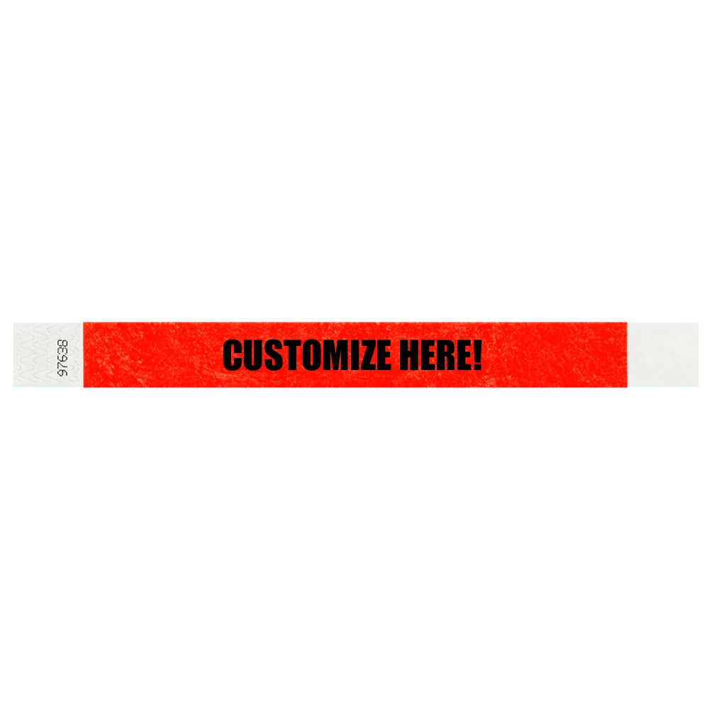 Tyvek 1" wristband in solid neon red with black text "CUSTOMIZE HERE!" - shown in flat 