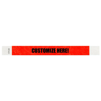 Tyvek 1" wristband in solid neon red with black text "CUSTOMIZE HERE!" - shown in flat 